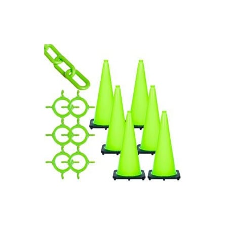 Global Equipment Mr. Chain 93214-6 Traffic Cone & Chain Kit - Safety Green, 93214-6 93214-6